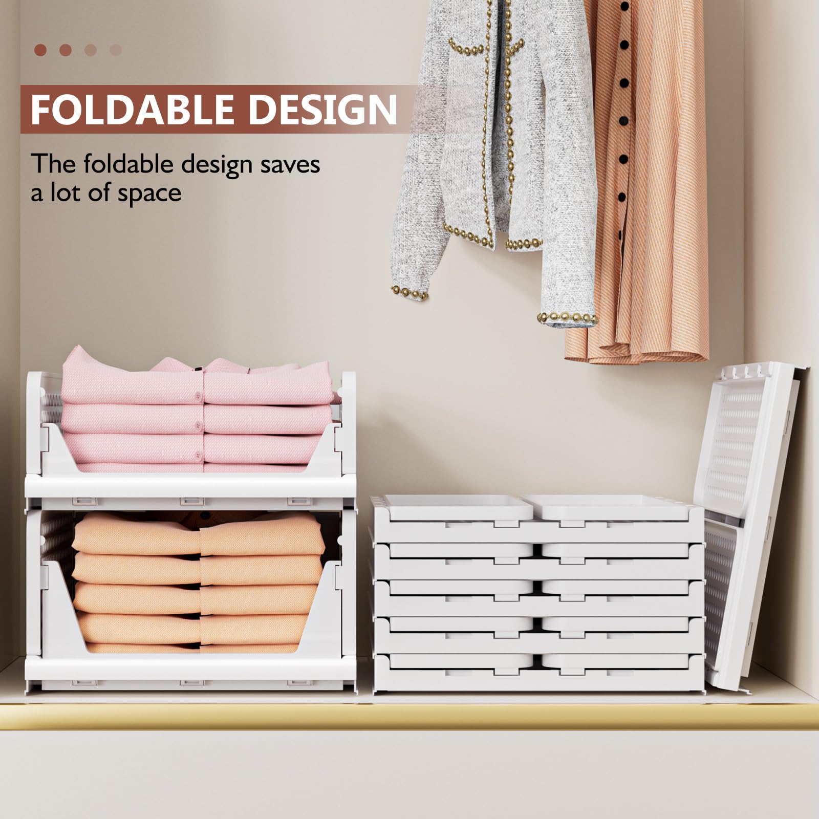 5 Pack Folding Closet Organizers Storage Box, Stackable Storage Bins, Plastic Drawer Basket Closet Storage For Wardrobe Cupboard